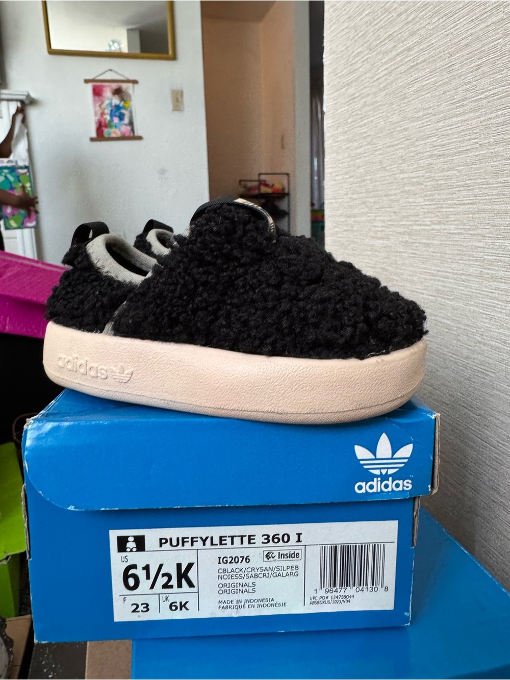 adidas Kids Black Fuzzy Slip-On Sneakers with Cream Sole
